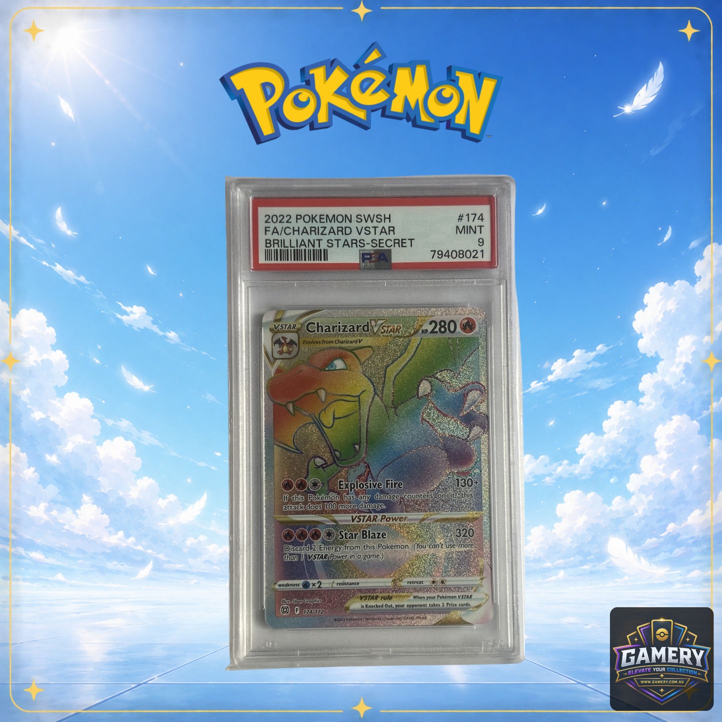 Charizard VSTAR 174/172 Brilliant Stars Secret Rare PSA 9 Mint Graded Card